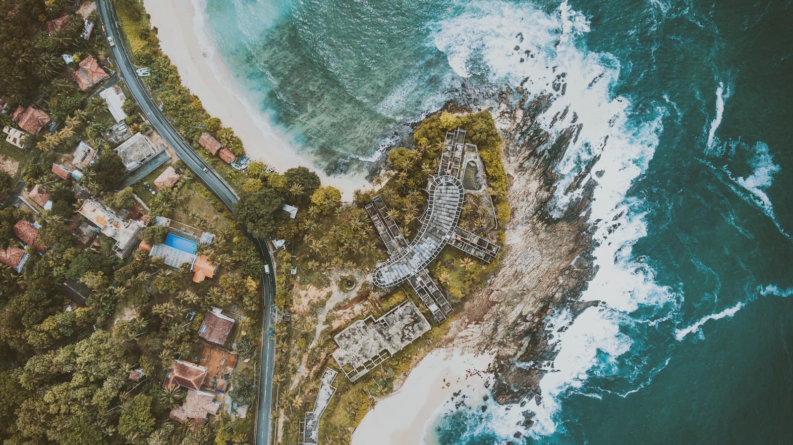 Aerial view of coastal town and harbour in Sri Lanka